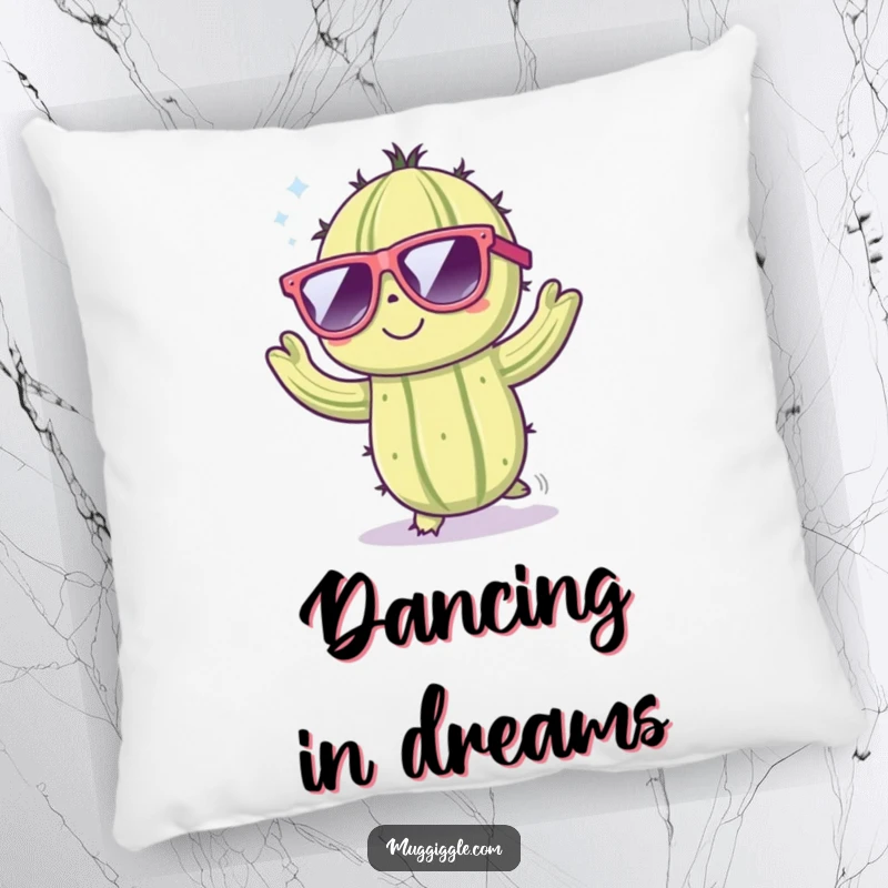 Funny pillow depicting a cute cactus character wearing large sunglasses and dancing energetically, perfect for comfort and fun.
