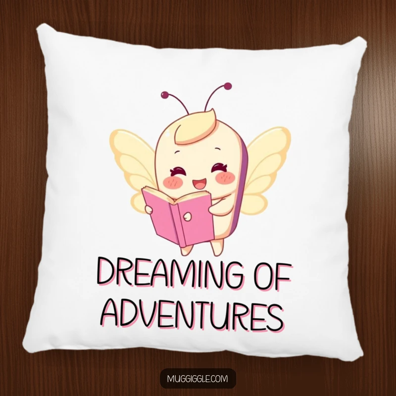 Funny pillow featuring a happy book character comically flying with tiny butterfly wings, adding soft, humorous, and whimsical decor to any room.