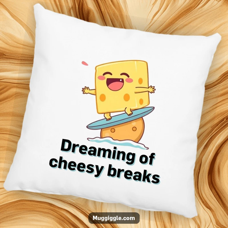 Funny pillow featuring a laughing cheese character attempting to surf on a cracker, adding cozy, humorous decor.