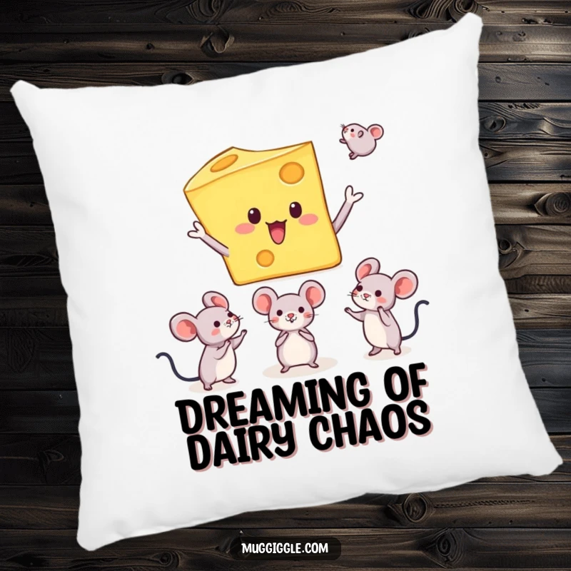 Funny pillow showcasing a cheese character juggling mice, offering decorative comfort with a hilariously absurd and surprising theme.
