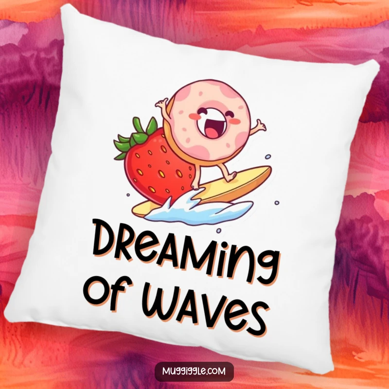 Funny Pillow: An excited donut character surfing on a giant strawberry slice, offering comfortable humor and sweet vibes.