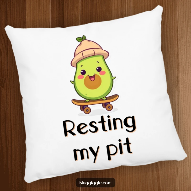 Funny avocado pillow, wearing a hat, riding a skateboard, soft and amusing decor for a comfortable and humorous atmosphere.