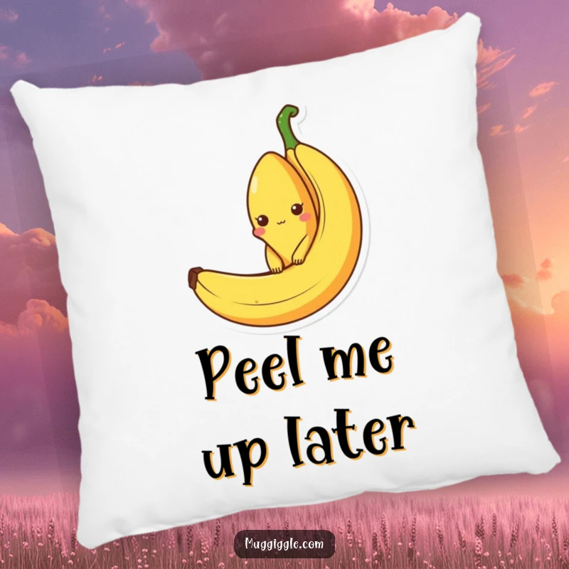 Funny pillow featuring a curious banana character peeking out from an empty banana peel, providing comfort and a humorous, fruity touch.
