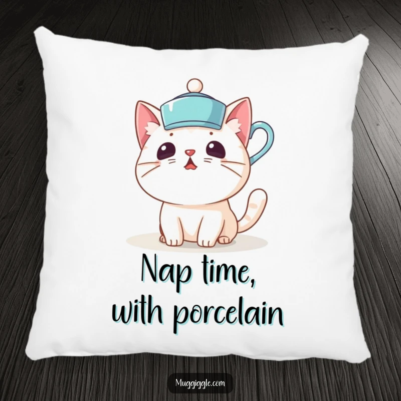 Funny pillow with a surprised cat character comically wearing a teacup as a hat, perfect for cozy and humorous decor.
