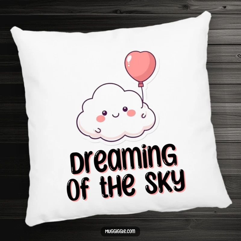 Funny pillow with a smiling cloud character floating away with a runaway balloon, perfect for cozy, whimsical comfort.