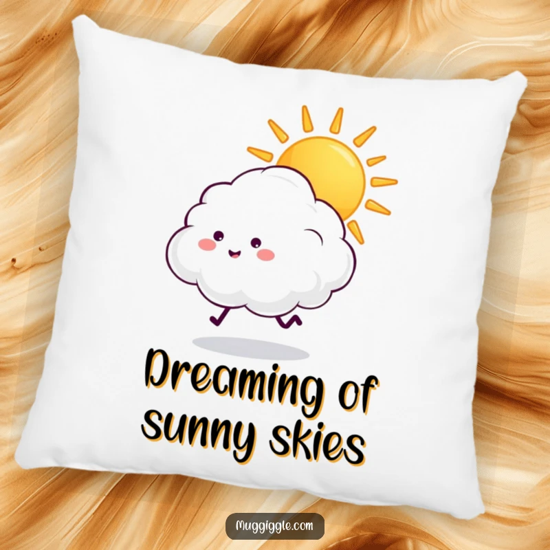 Funny fluffy cloud with tiny legs chasing a beaming sun, on a soft and cozy pillow for cheerful comfort.