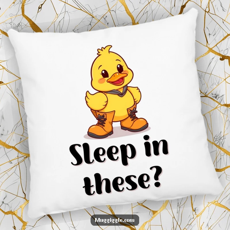 Funny rubber duck character adorably outfitted in oversized boots, designed for a humorous and comfortable pillow.