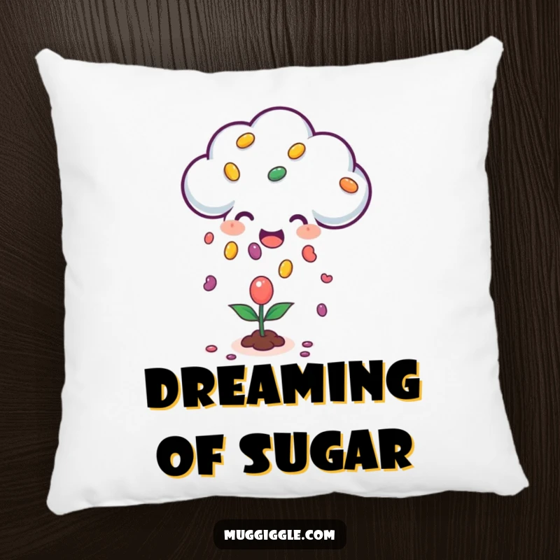 Funny pillow featuring a happy cloud character raining jellybeans onto a small plant, providing whimsical comfort and decoration.