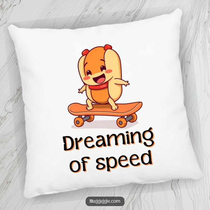 Funny pillow showcasing a smiling hot dog character riding a runaway skateboard, offering decorative comfort with energetic, food-themed humor.