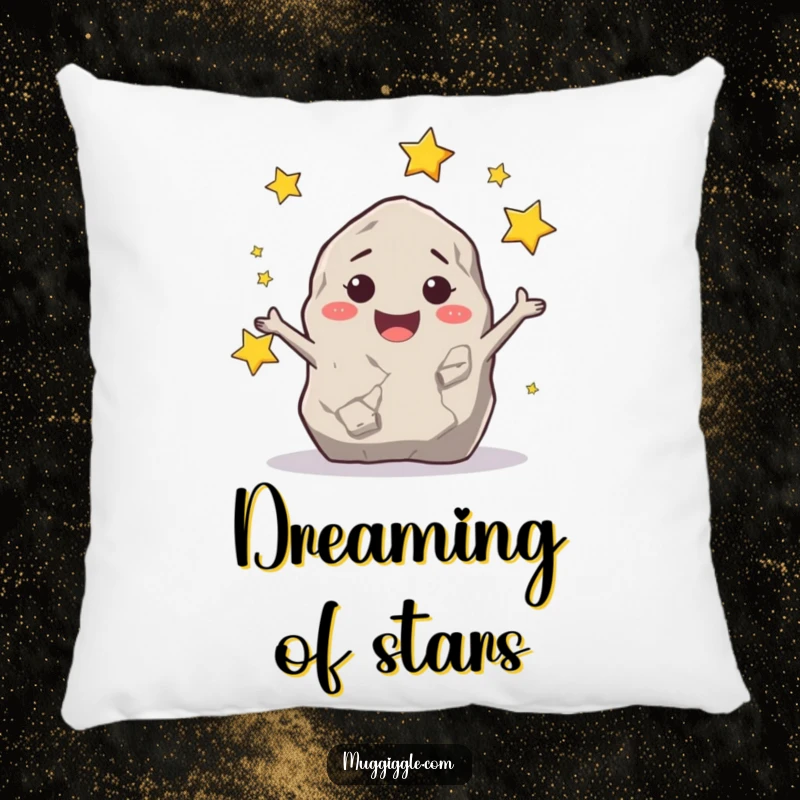Funny happy rock character juggling tiny stars, designed for a humorous and comfortable pillow.