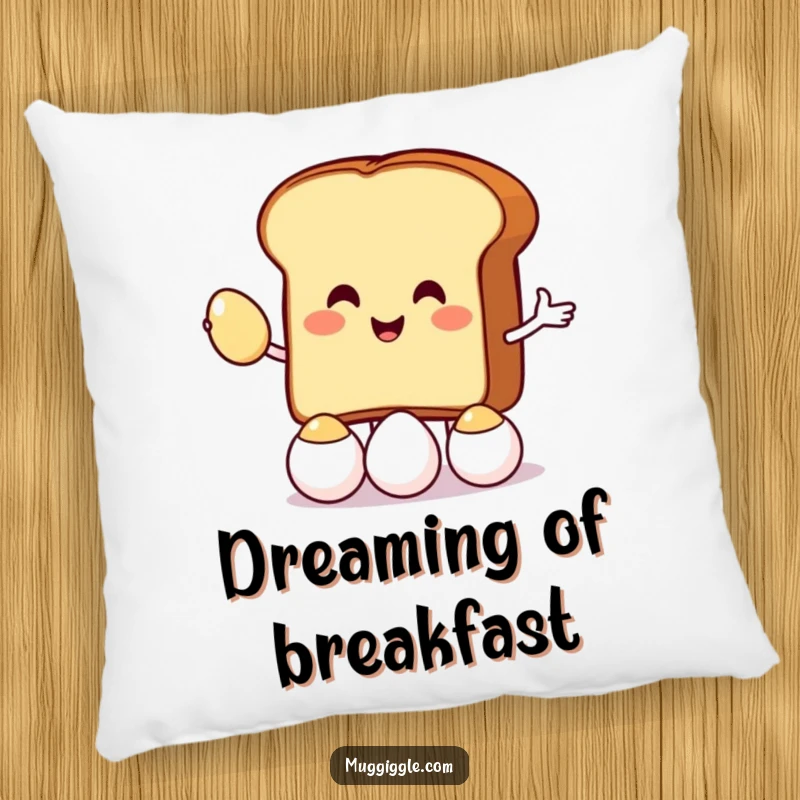 Funny throw pillow featuring a toast character juggling eggs, offering cozy comfort and a humorous breakfast-themed design for relaxation.