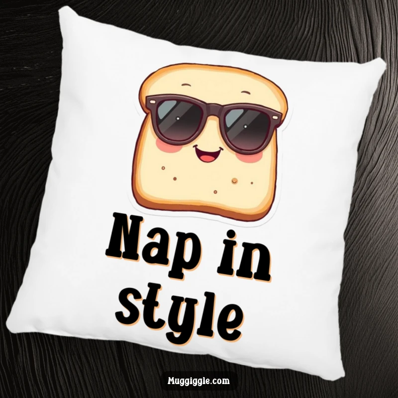 Funny Pillow: Smiling bread slice with oversized sunglasses, a soft and humorous decor piece.