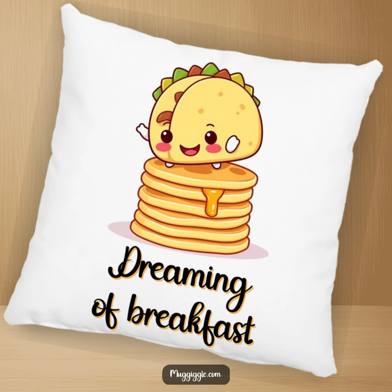 Funny Pillow: Cheerful taco character balancing on wobbly pancakes, a soft and humorous decor piece.