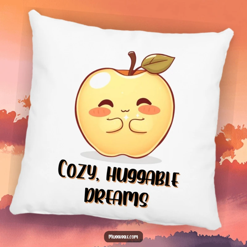 Funny Pillow featuring a shyly blushing apple hugging a large, sparkly button, offering cozy comfort and endearing, sweet humor.