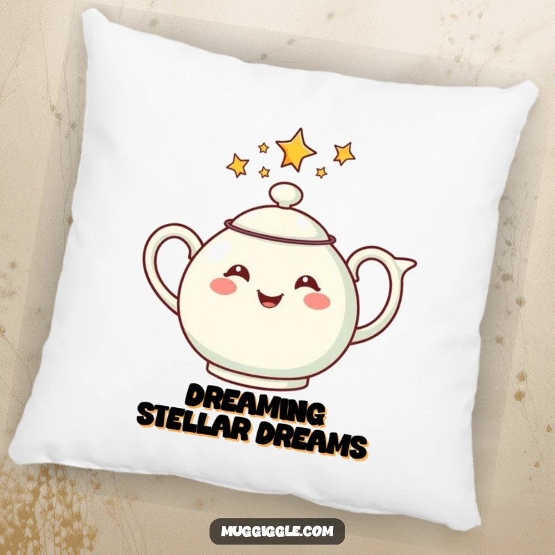 Funny pillow featuring a cheerful teapot pouring stars, providing soft comfort and a touch of magical whimsy.