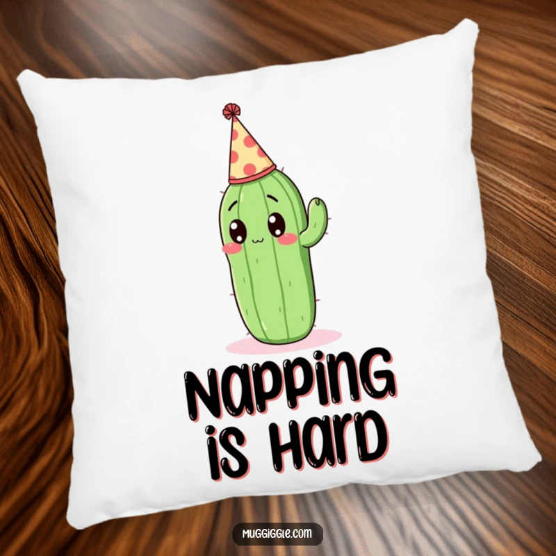 Funny Pillow: Surprised cactus with a party hat, perfect for cozy and fun decor.
