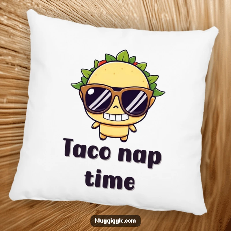 Funny taco pillow, wearing oversized sunglasses with a determined grin, soft and amusing decor for a comfortable and humorous atmosphere.