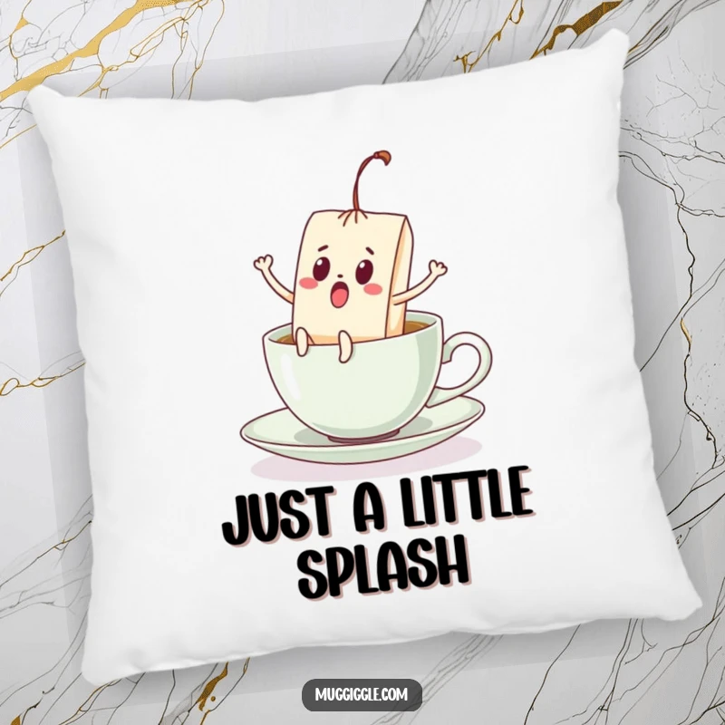 Funny pillow with a startled teabag displaying kicking legs, making a dramatic exit from a teacup, a soft and humorous item.