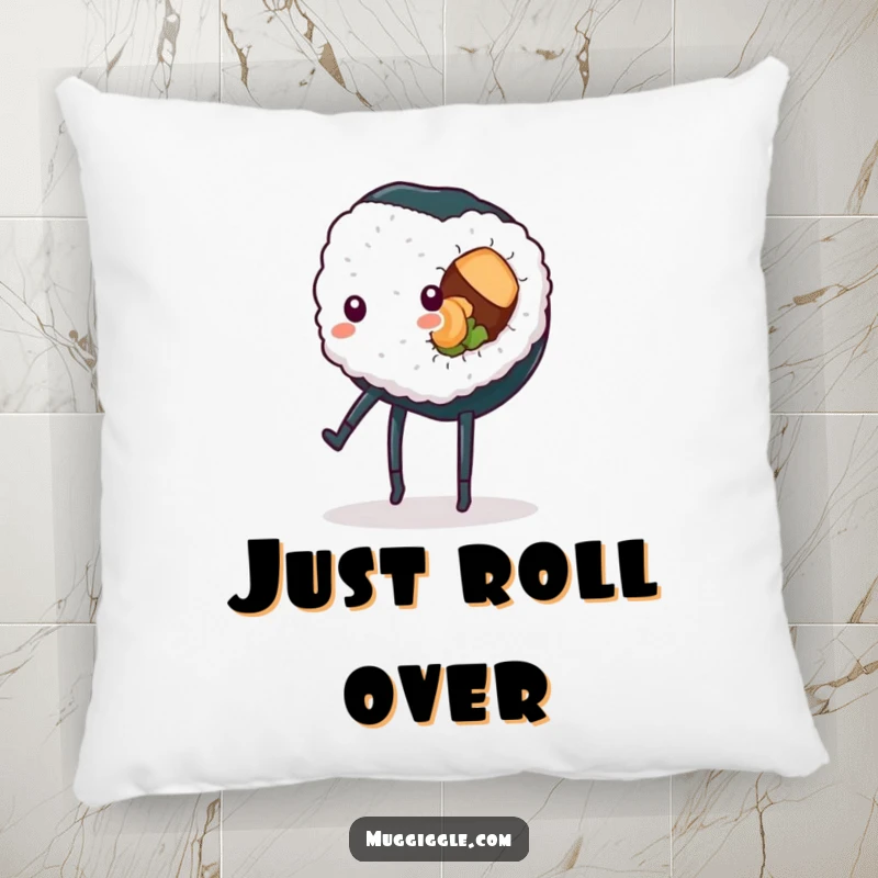 Funny sushi roll pillow, legs trying a cartwheel, soft and humorous decor item for a playful and amusing atmosphere, a great gift.