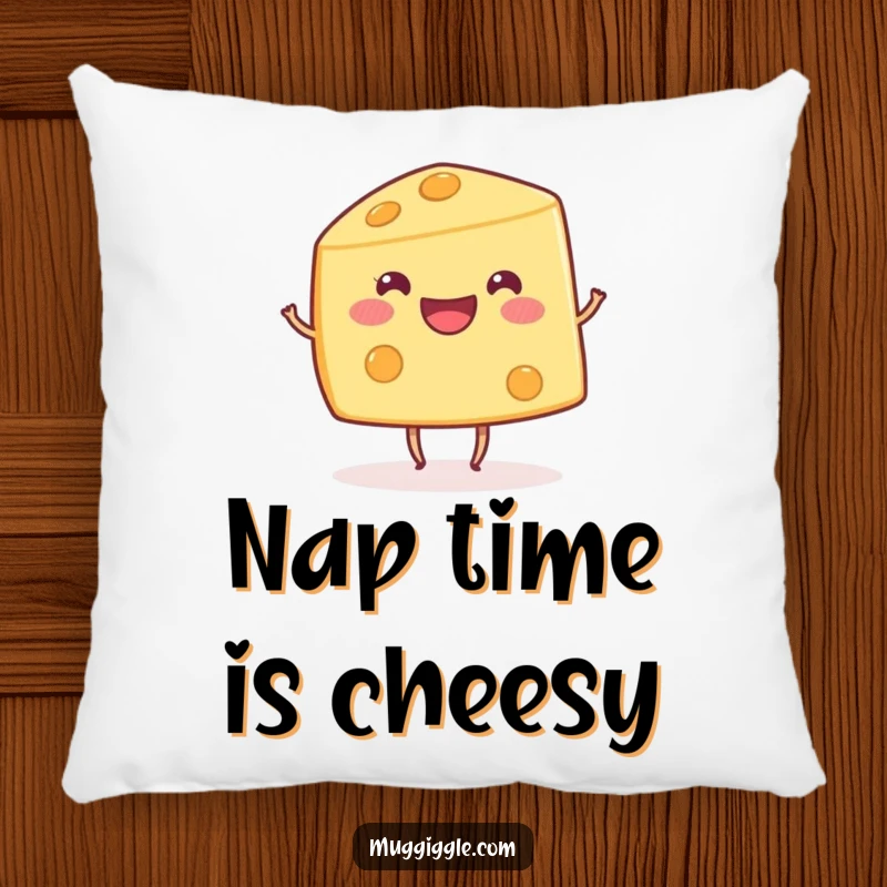 Funny happy cheese wedge character with small dancing legs, designed for a humorous and comfortable pillow.