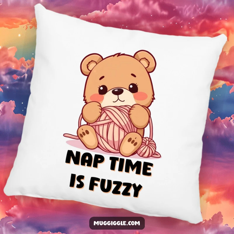 Funny pillow featuring a bewildered bear tangled in a ball of yarn, providing comfort and a humorous touch to living spaces.