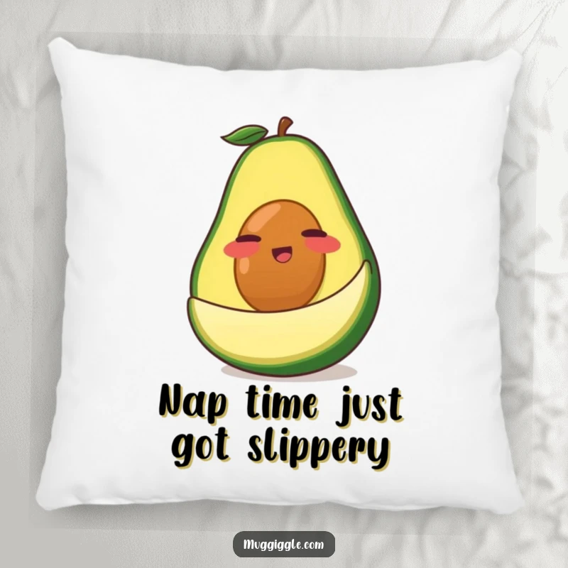 Funny Avocado Pillow: A clumsy green avocado character comically slipping on its own peel, a soft and humorous cartoon accent.