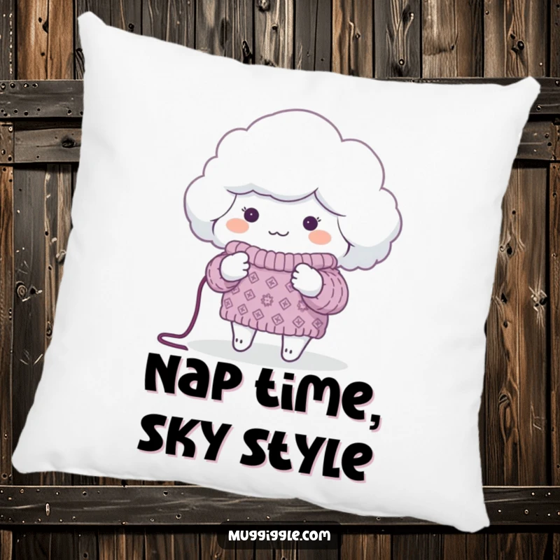 Funny Pillow featuring a fluffy cloud knitting a sweater for a tiny planet, offering cozy comfort and heartwarming eco-humor.