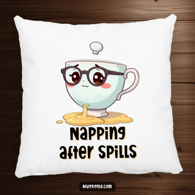 Funny pillow showcasing a teacup character with spectacles spilling tea in bewilderment, offering decorative comfort and relatable humor.