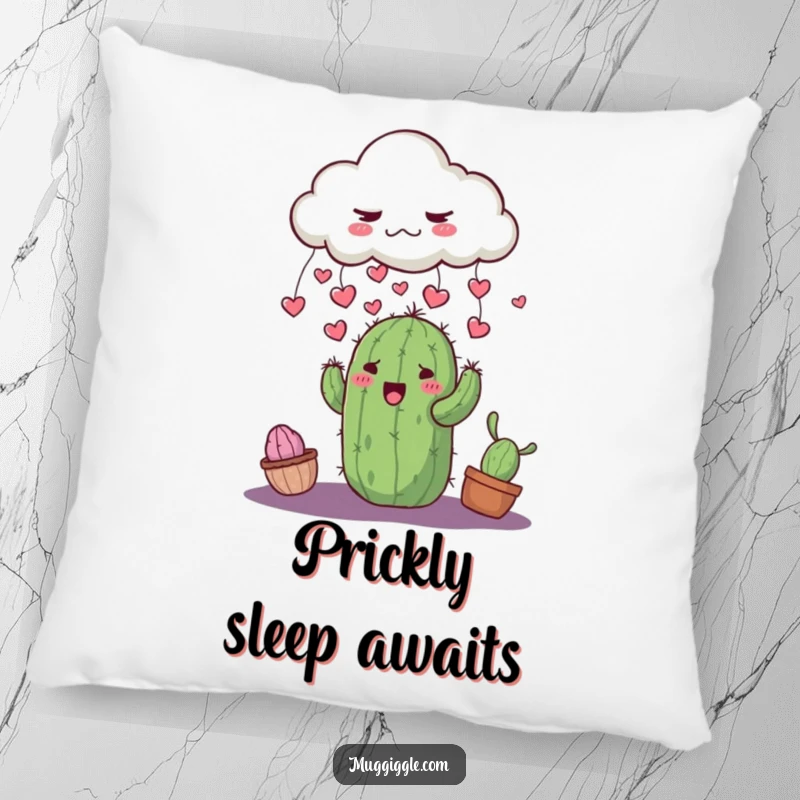 Funny grumpy cloud raining tiny hearts onto a surprised, smiling cactus, printed on a soft pillow.