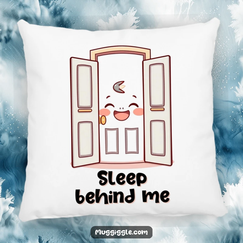 Funny pillow featuring a friendly door character opening to reveal a happy, laughing face, providing soft comfort and cheer.