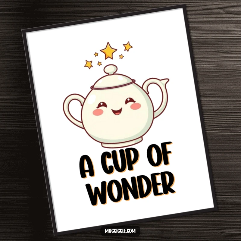 Funny digital art print of a cheerful teapot pouring a stream of shiny stars, creating a whimsical and magical visual.