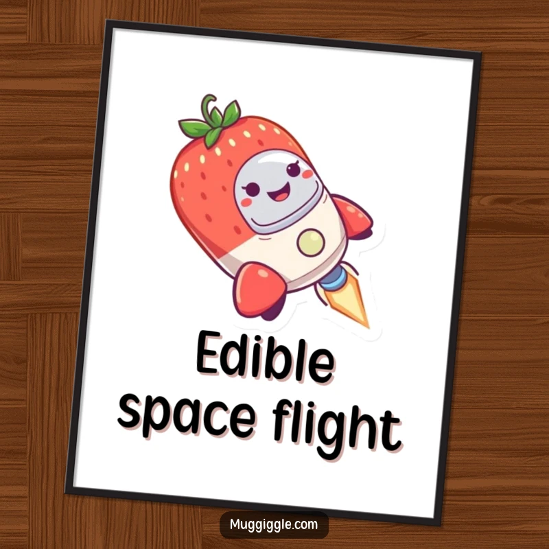 Funny Digital Art Print of a tiny rocket ship piloted by a smiling strawberry, comically wobbling in outer space.