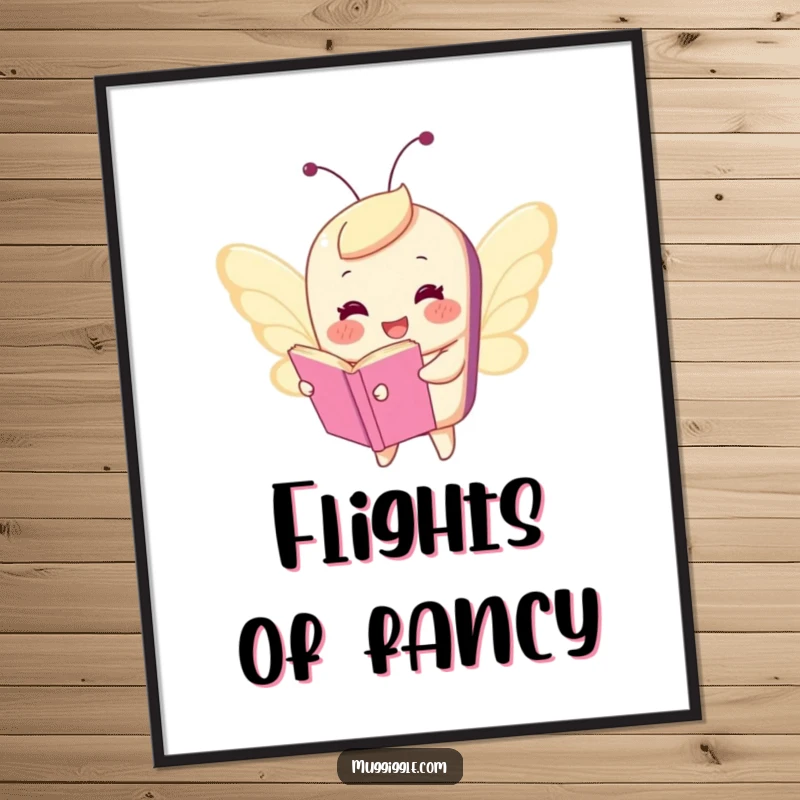 Funny digital art print of a happy book character comically flying with tiny butterfly wings, offering instant whimsical decor and a cheerful, humorous vibe.