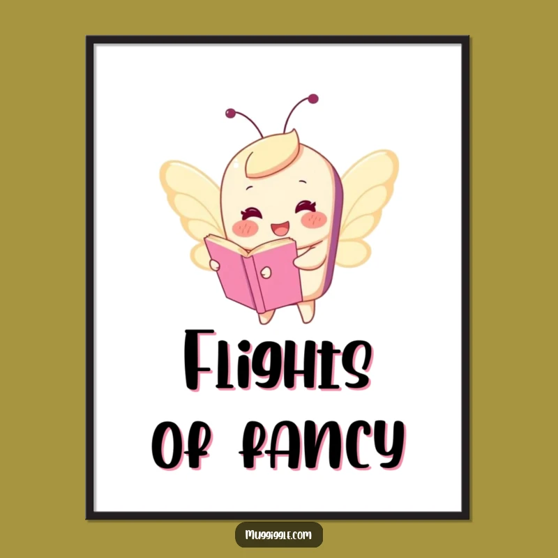 Funny Flying Book Digital Art: Whimsical Character Butterfly Print