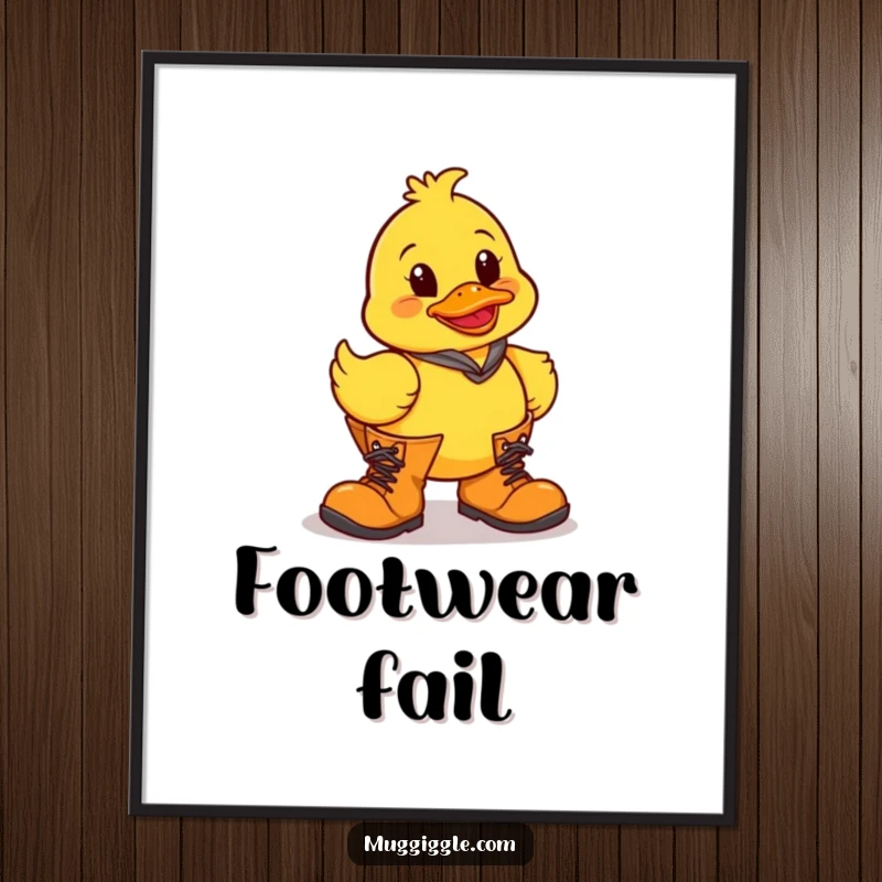 Funny rubber duck character in comically oversized boots, a digital art print designed for humorous wall decor.