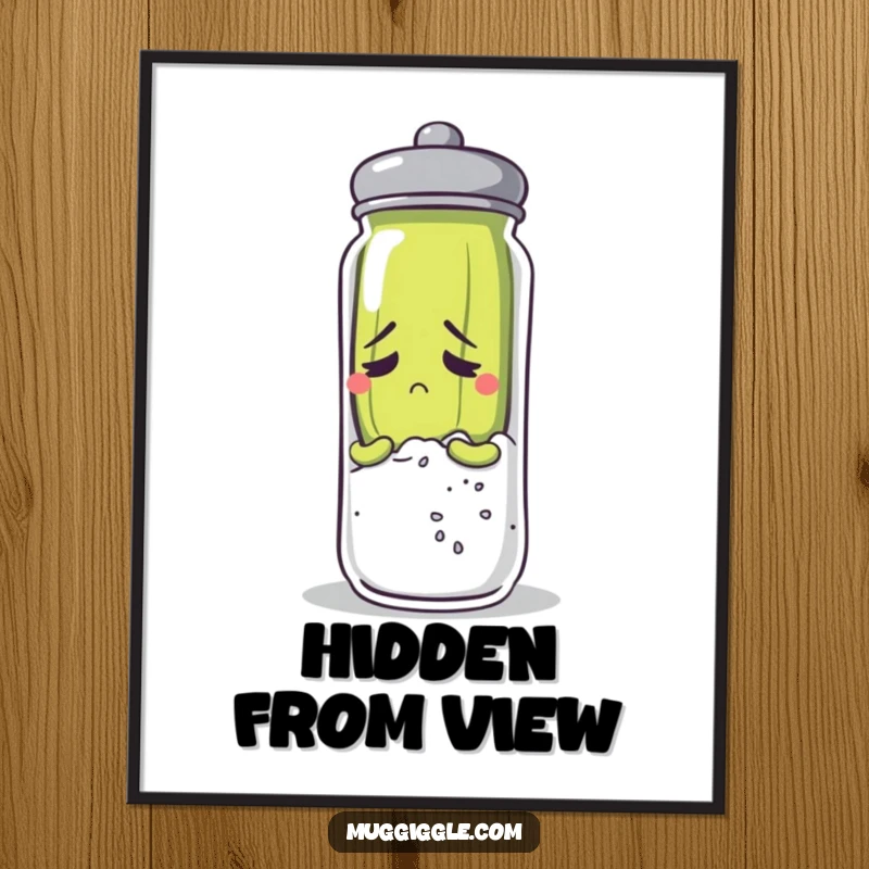 Funny anxious pickle character hiding behind a giant salt shaker, high-resolution digital art print.