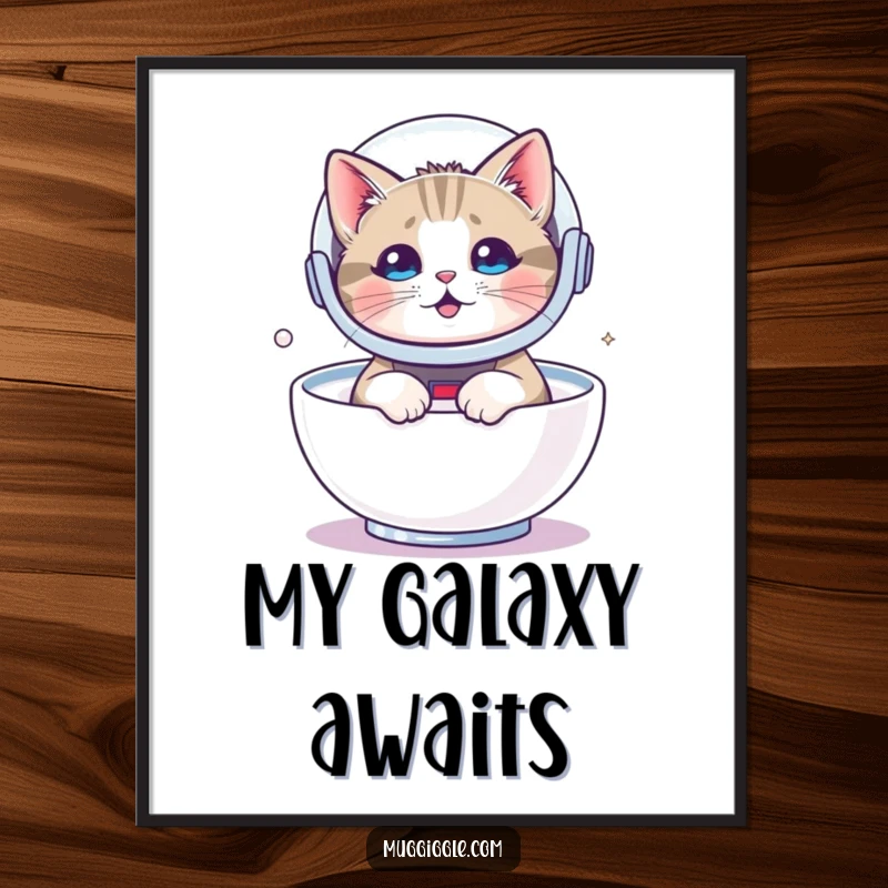 Funny digital art print of a cat wearing an astronaut helmet, floating in milk, creating a surreal and humorous visual.