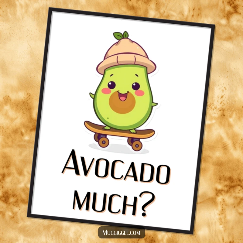 Funny avocado digital art print, wearing a hat, skateboarding with flair, high-resolution and humorous for instant wall decor.