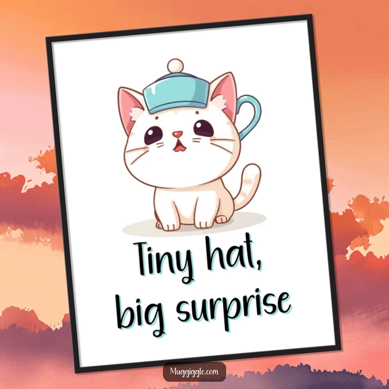 Funny digital art print of a surprised cat character comically wearing a teacup as a hat, ideal for quirky decor.