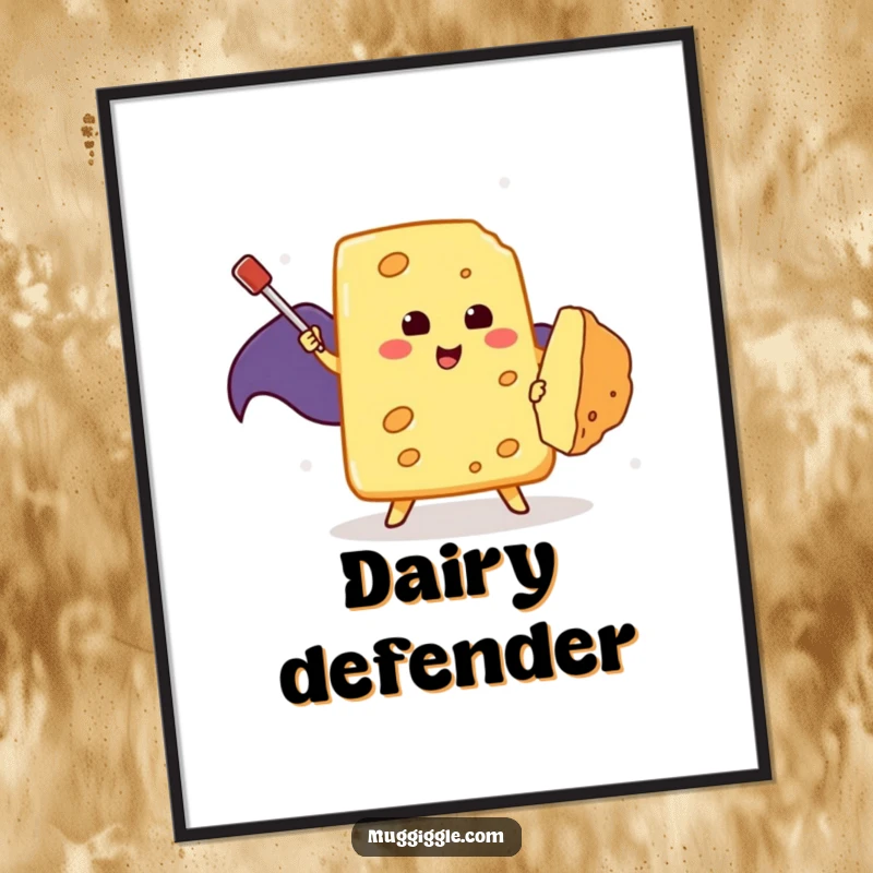 Funny Digital Art Print: A brave piece of cheese in a cape heroically confronts a tiny crumb with a toothpick, epic art.