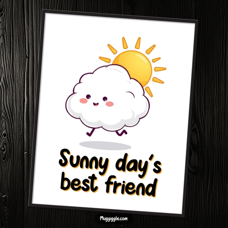 Funny fluffy cloud with tiny legs excitedly chasing a beaming sun, as a downloadable digital art print.