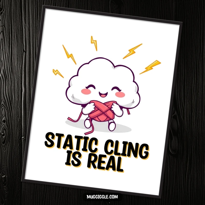 Funny digital art print of a joyful cloud character knitting with bright lightning bolts, ideal for a humorous and electric wall decoration.