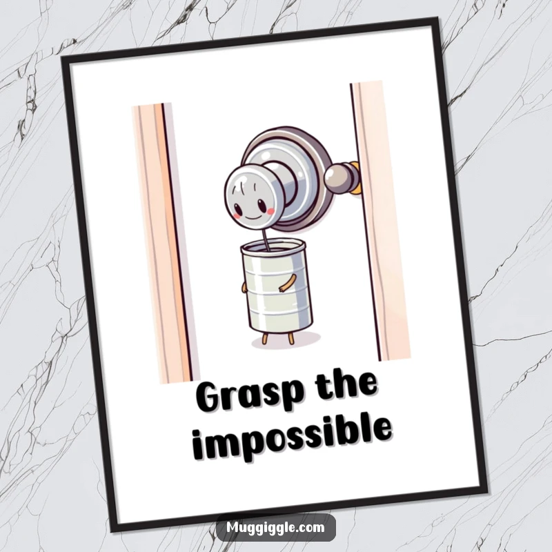 Funny Digital Art Print: A sentient door knob strains to open a tiny, unyielding tin can, a humorous depiction.