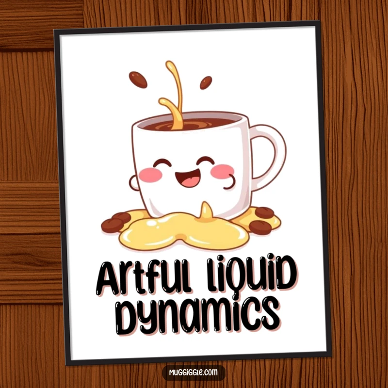 Funny digital art print of a giggling coffee mug character comically spilling its contents decoratively, perfect for instant humorous decor.
