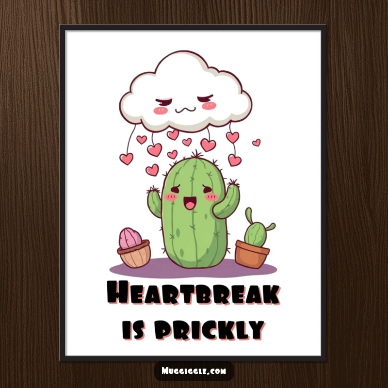 Funny grumpy cloud raining tiny hearts onto a smiling cactus, available as a high-resolution digital art print.