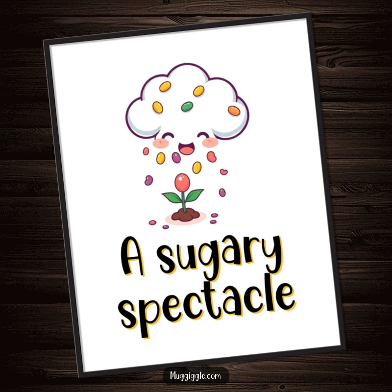 Funny digital art print of a happy cloud character raining jellybeans onto a small plant, ideal for whimsical and sweet home decor.