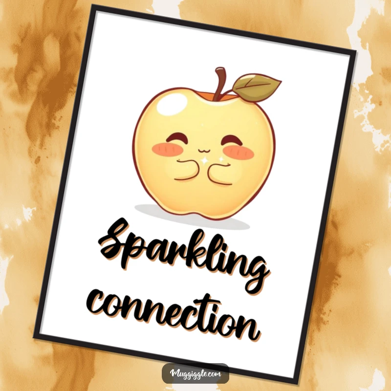 Funny Digital Art Print of a shyly blushing apple hugging a sparkly button, offering sweet affection and humorous wall decor.