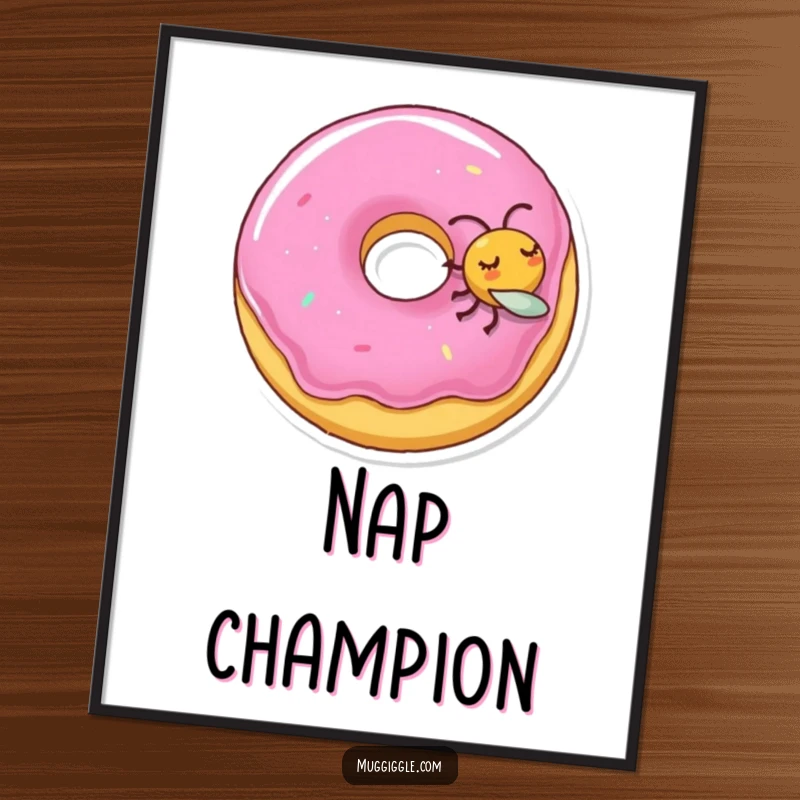 Funny digital art print of a sleeping donut character being nudged by a playful fly, creating a whimsical scene.