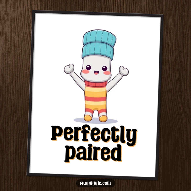 Funny Digital Art Print: A triumphant anthropomorphic sock wears its matching sock as a hat, celebrating unity and joy.