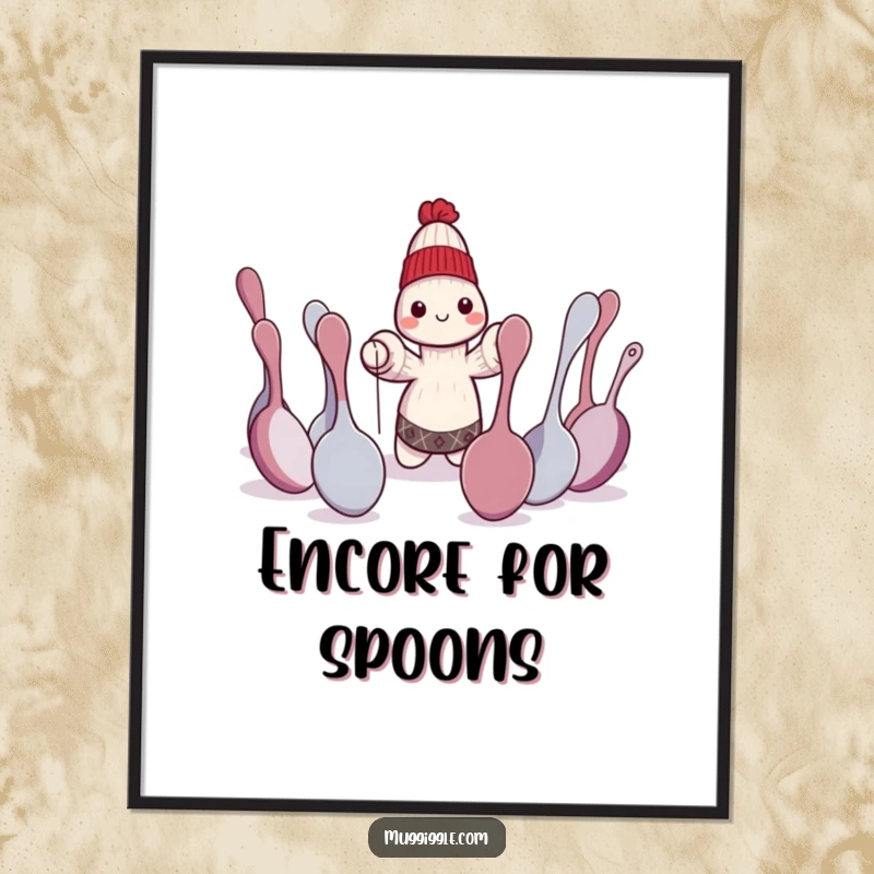 Funny sock puppet character performing a dramatic play for bewildered spoons, downloadable humorous digital art.